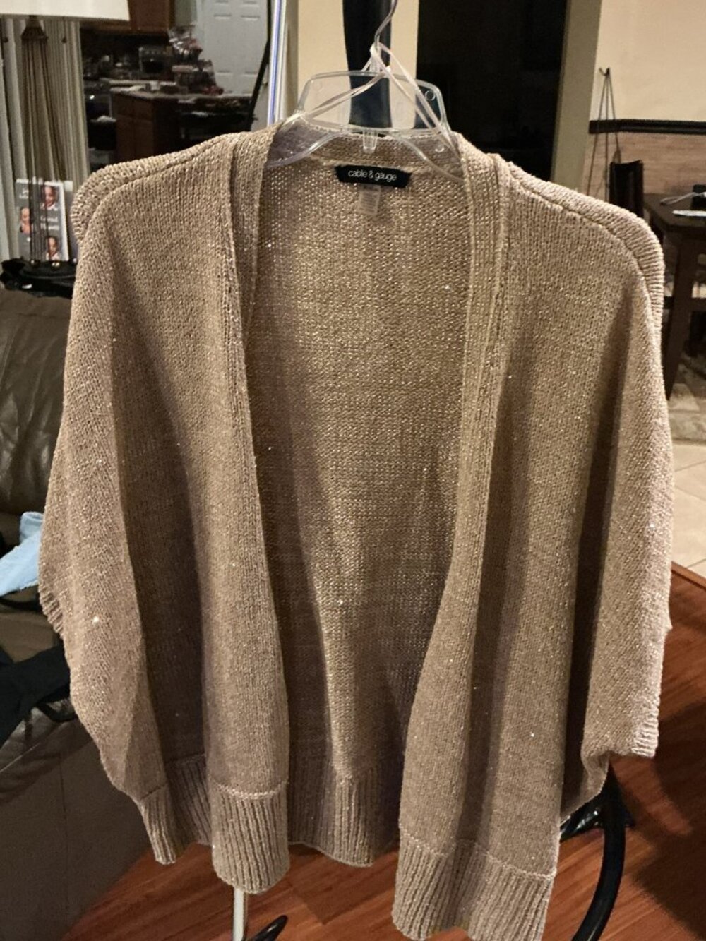 Cable & Gauge Women's Metallic Taupe Open Front Cardigan Sweater